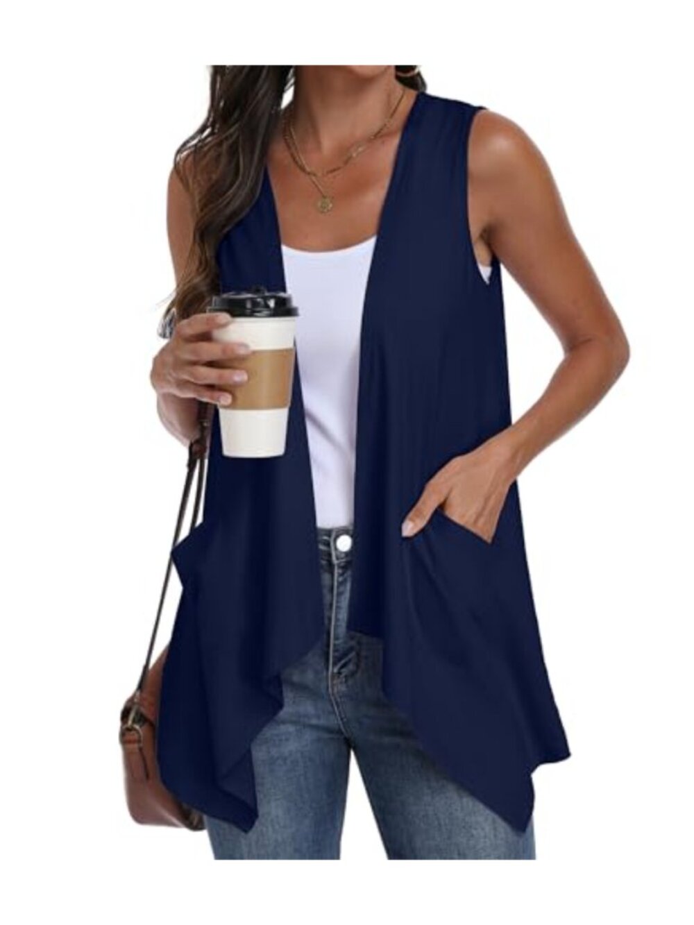 Sleeveless Open Front Cardigan Vest Lightweight Side Pockets High Low Hem